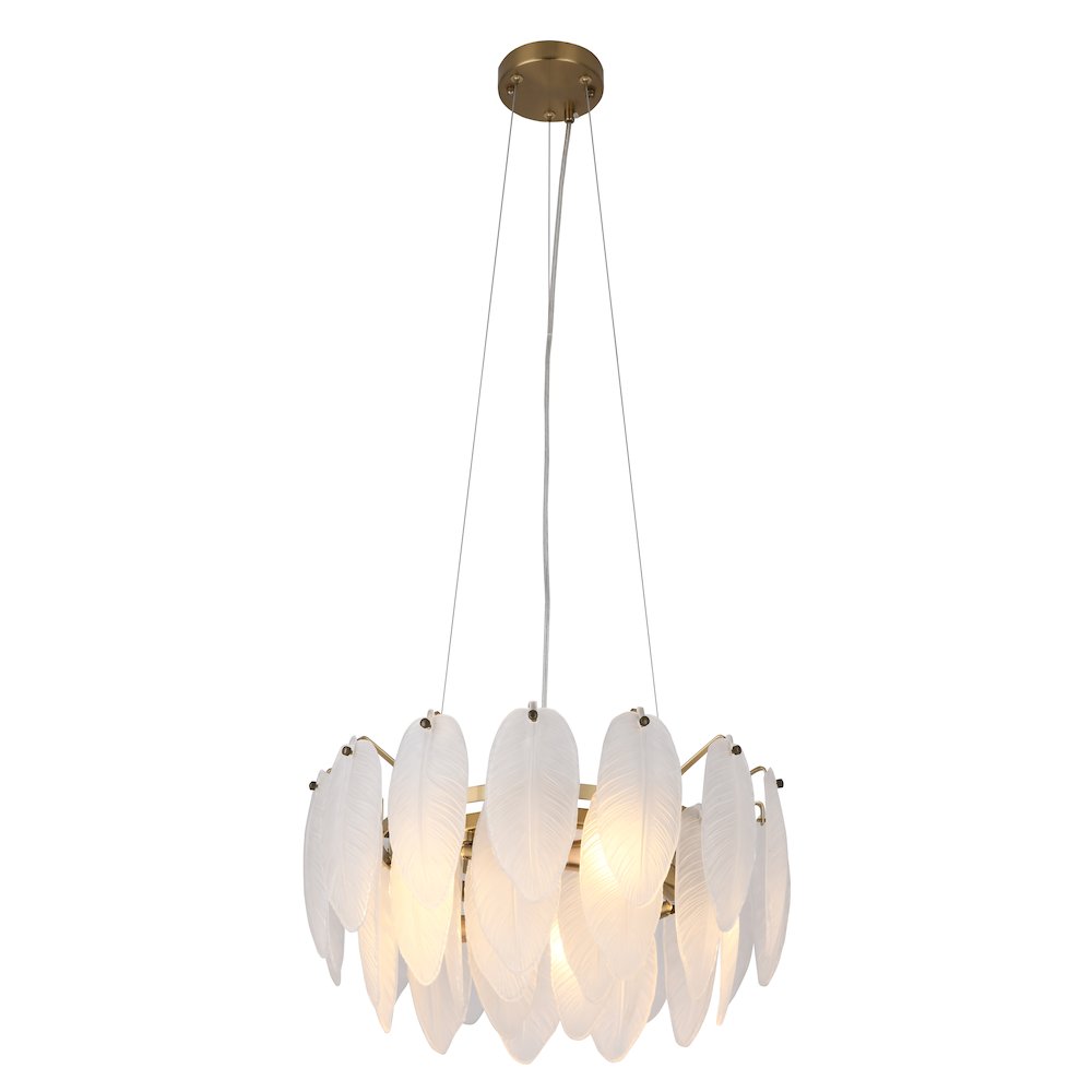 11-Light Brass Chandelier With White Glass Leafs. Picture 1