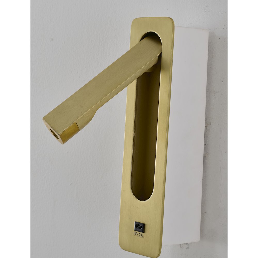 1-Light Satin Brass Metal LED Wall Sconce, One USB Port And A Clear Frosted Len. Picture 4
