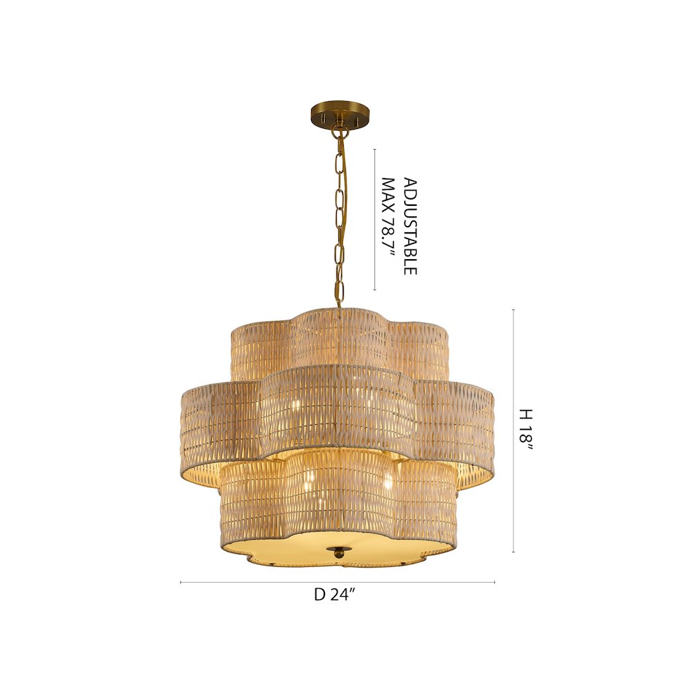 6-Light Brass Chandelier With A Nature Rattan Waved Basket Shade. Picture 6