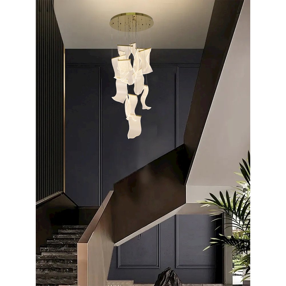 8-Light Brass Chandelier With Acrylic Crumbled Sheet Pendants. Picture 6