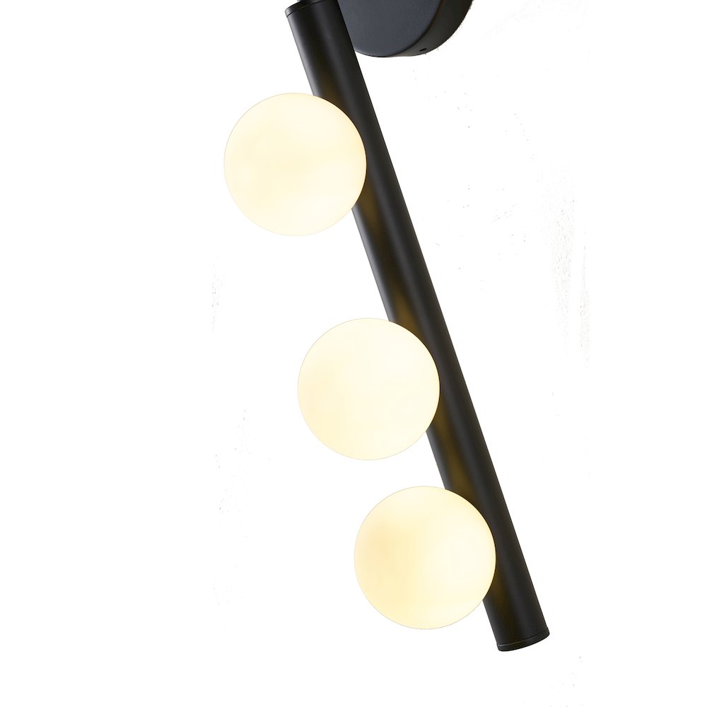 3-Light Matte Black Metal Wall Sconce With Whtie Glass Shades. Picture 3
