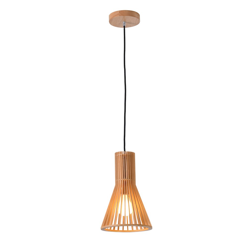 1-Light Natural Wood Single Pendant With A Black Fabric Cord. Picture 1