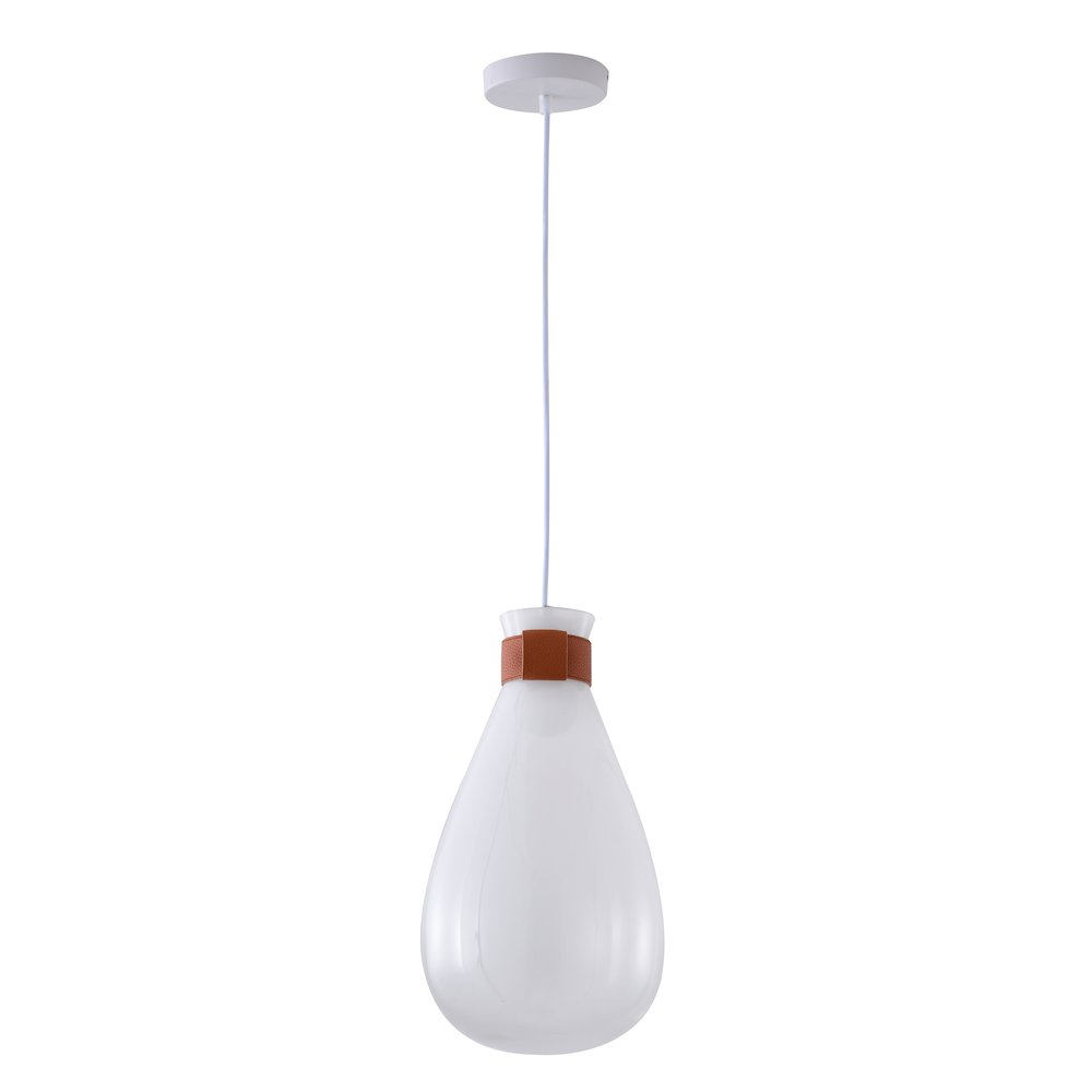 1-Light White Glass Jar Pendant With A Leather Band. Picture 2