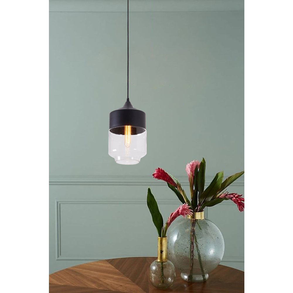 1-Light Matte Black Single Pendant With A Clear Glass Shade. Picture 7