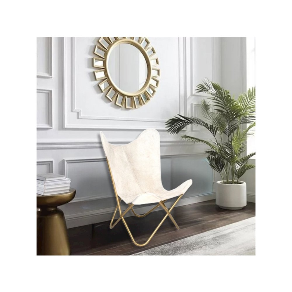 Gold Stainless Steel Chair With Grey And White Hairline Leather. Picture 4