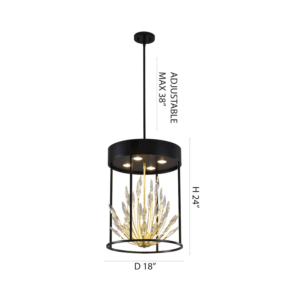 4-Light Matte Black Pendant With Gold Branches And Clear Crystals. Picture 6