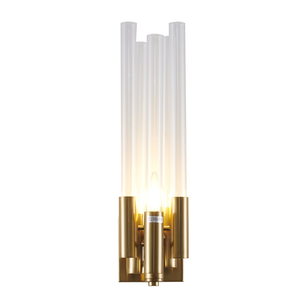 1-Light Gold Metal Wall Sconce With Clear Glass Rods. Picture 1