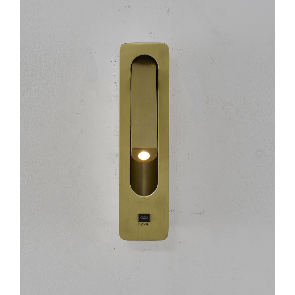 1-Light Satin Brass Metal LED Wall Sconce, One USB Port And A Clear Frosted Len. Picture 5