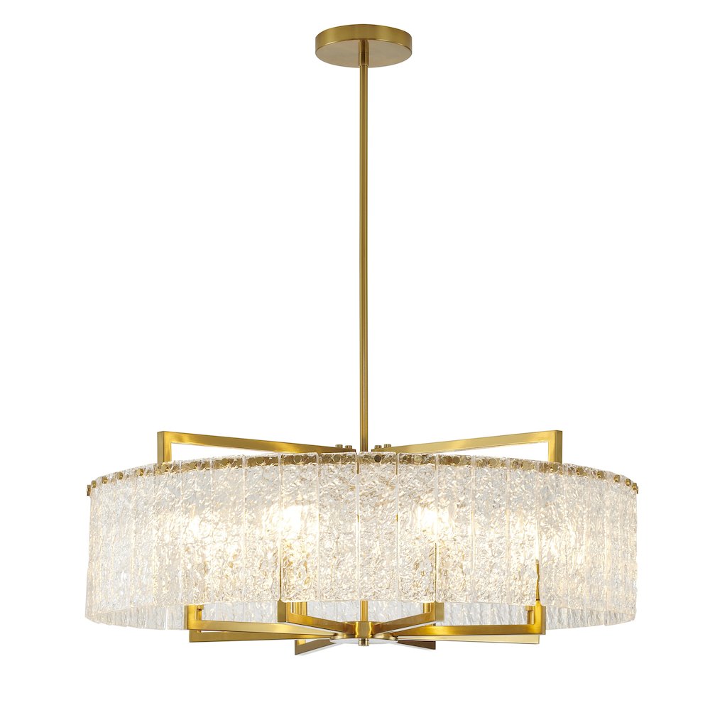 8-Light Brass Chandelier With Hanging Clear Rippled Glass. Picture 1