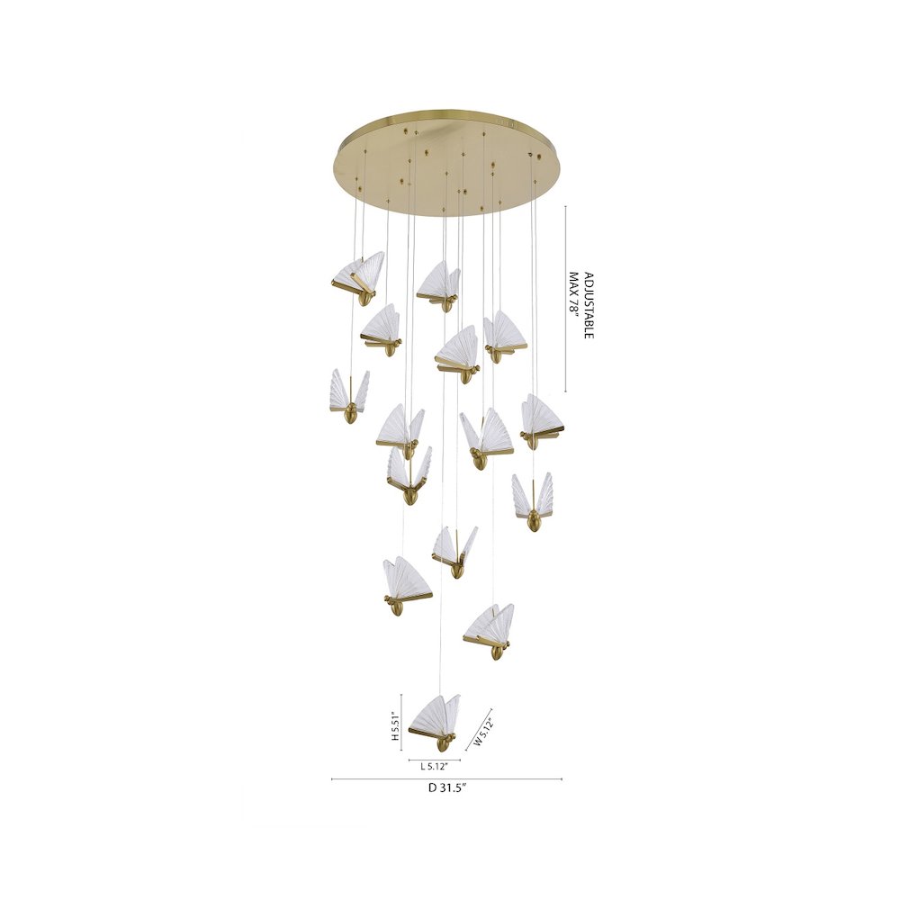 15-Light Stain Brass LED Chandelier With Butterfly Pendants. Picture 4