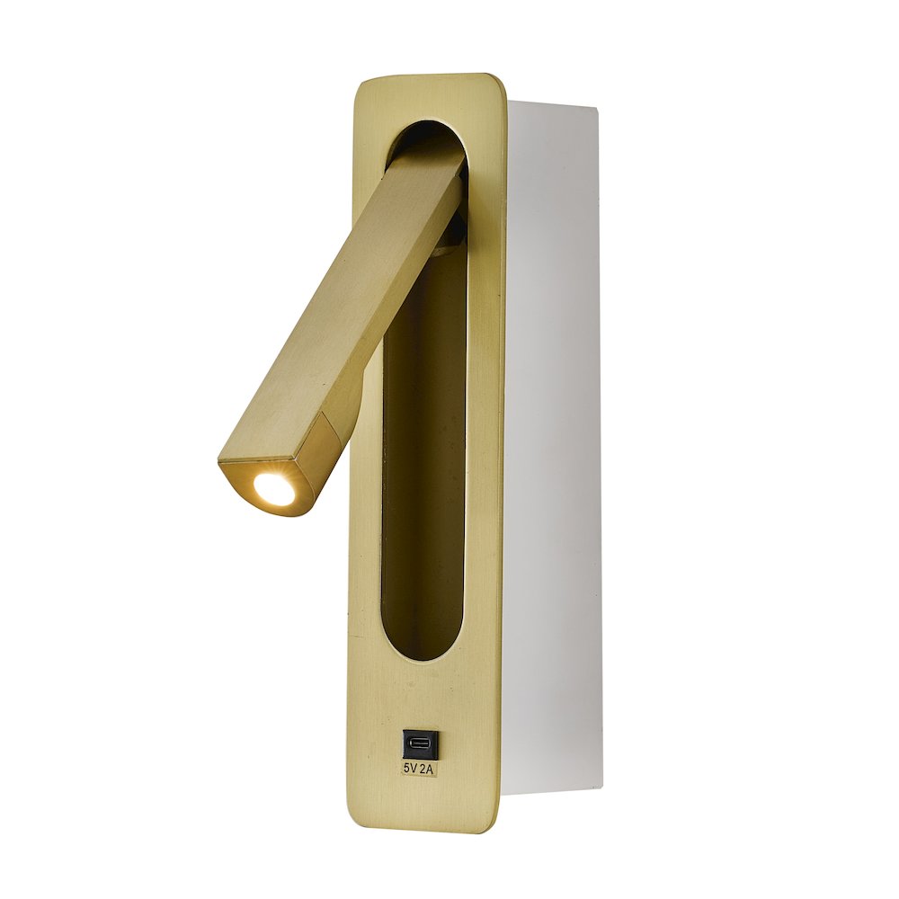 1-Light Satin Brass Metal LED Wall Sconce, One USB Port And A Clear Frosted Len. Picture 1