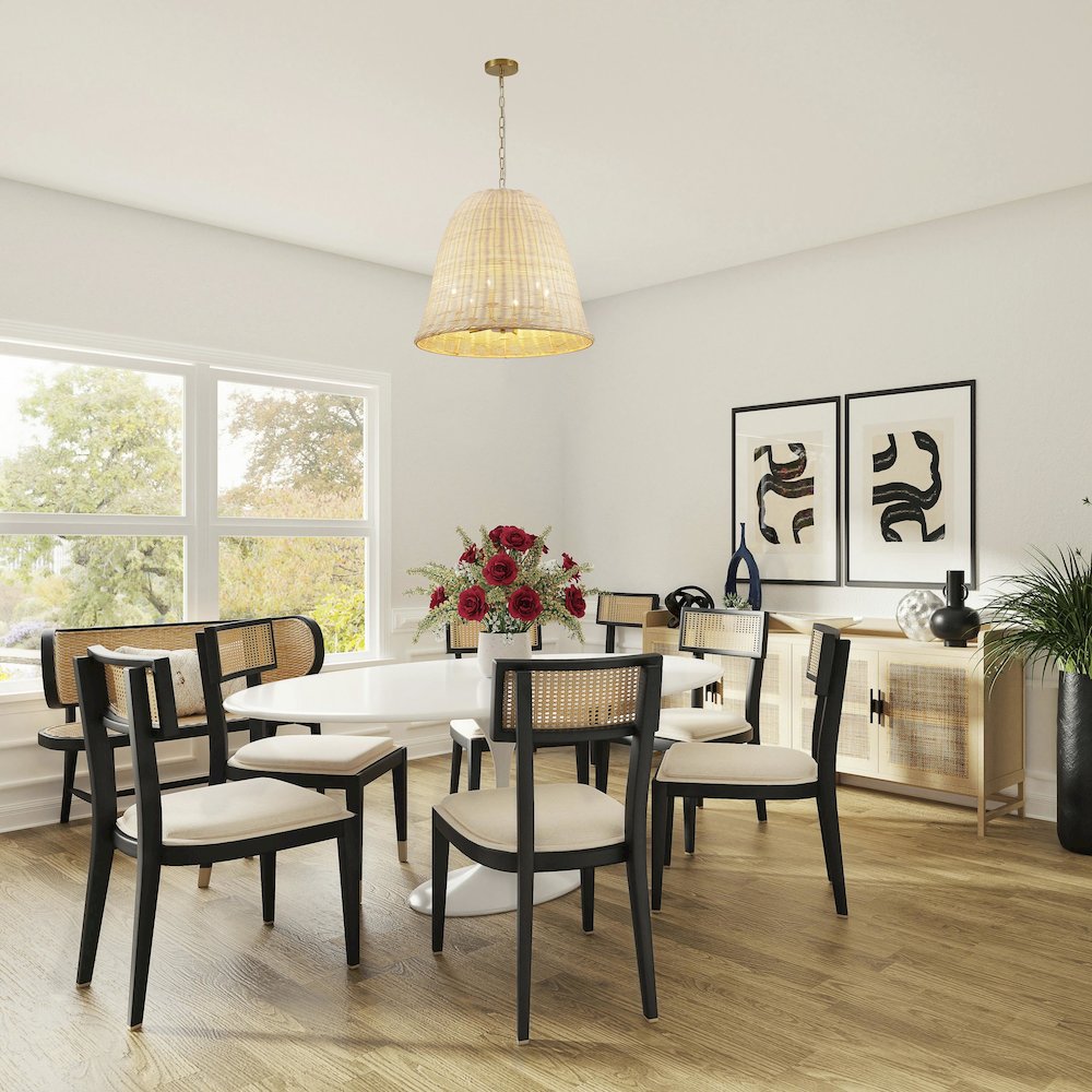 6-Light Brass Chandelier With A Natural White Wood Vine Basket Shade. Picture 8
