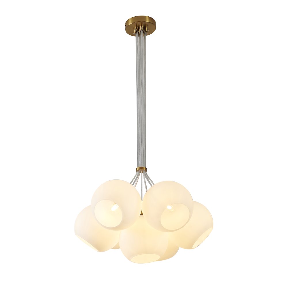 7-Light Gold Chandelier With White Glass Globe Shades. Picture 1