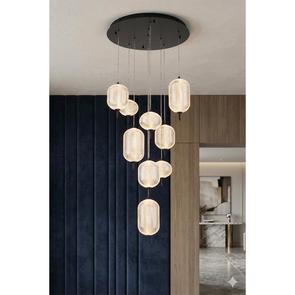 9-Light Satin Black LED Chandelier With PC Shades. Picture 10