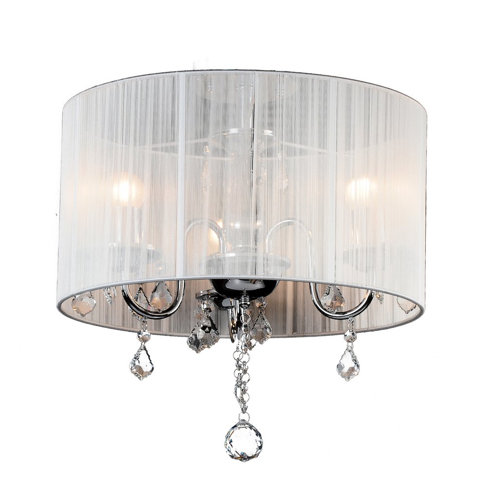 3-Light Chrome Chandelier With Clear Crystals And A White String Shade. Picture 1
