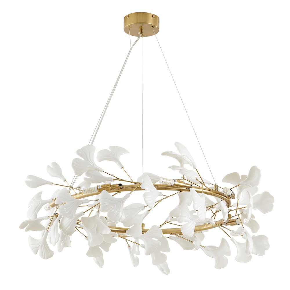 8-Light Brass Chandelier With Matte White Plastic Leaf Petals In A Round Shape. Picture 2
