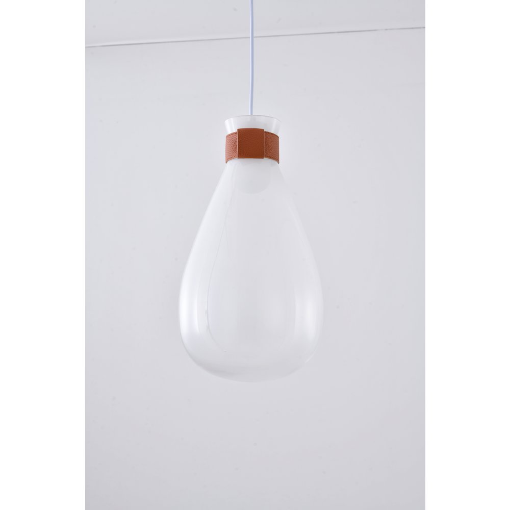 1-Light White Frosted Glass Pendant With A Leather Band. Picture 3