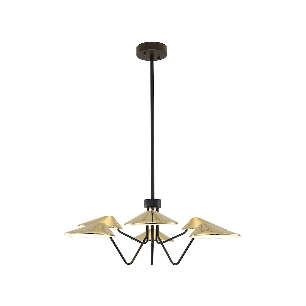 6-Light Black And Shiny Brass Iron LED Chandelier With White Acrylic Shades. Picture 1