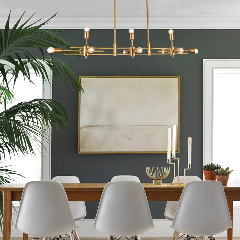 11-Light Matte Brass Metal Chandelier With Visible Bulbs. Picture 4