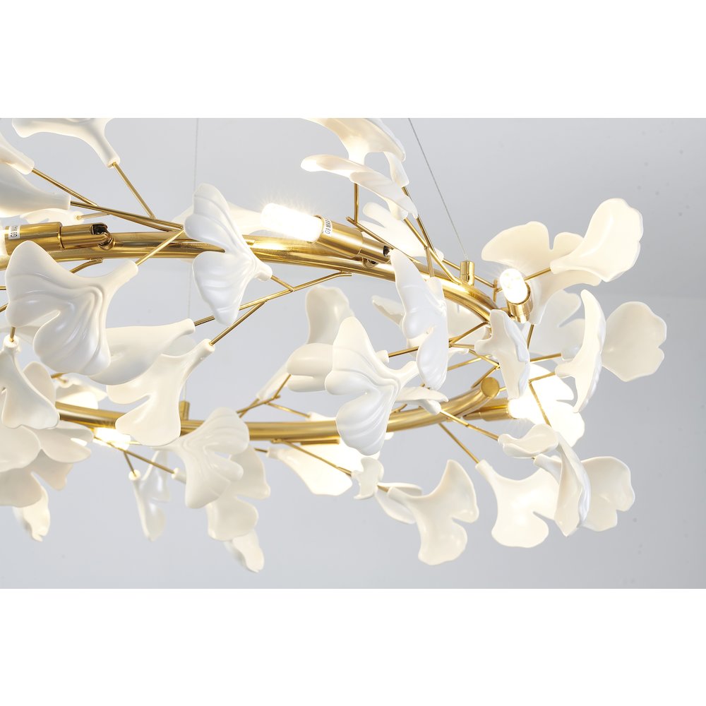 8-Light Brass Chandelier With Matte White Plastic Leaf Petals In A Round Shape. Picture 3
