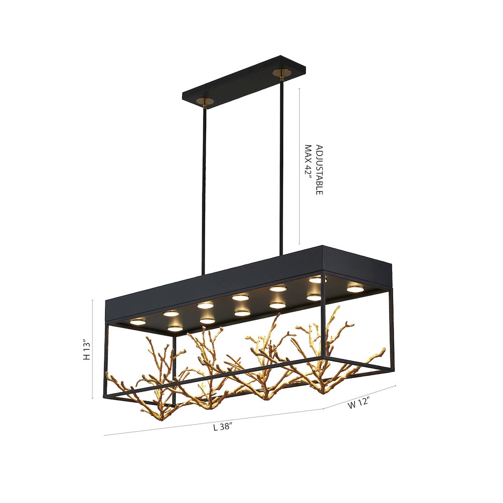 12-Light Matte Black Pendant With Gold Branch Accents. Picture 6