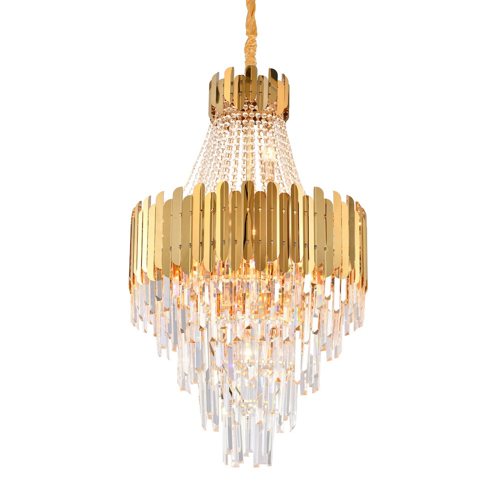 15-Light Gold Stainless Steel Chandelier With Clear Crystal Accents. Picture 1