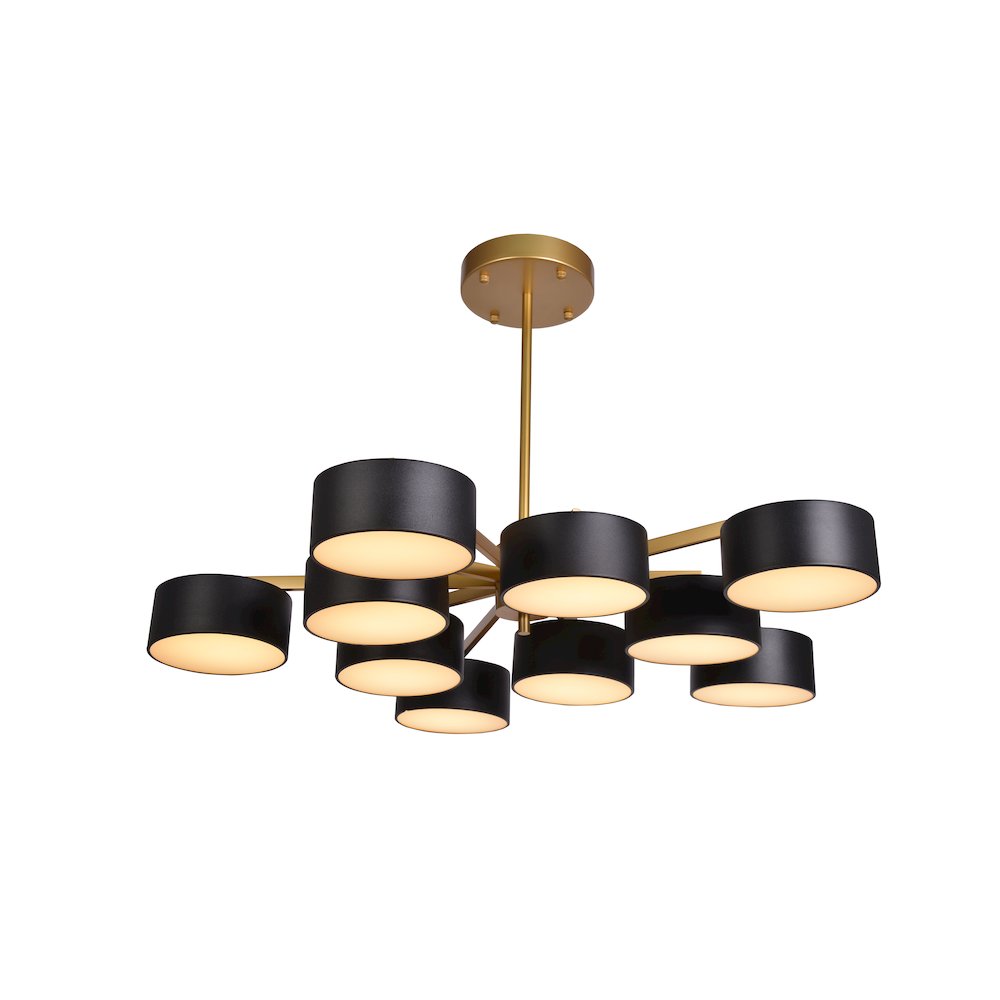 10-Light Gold LED Semi Flush Mount With Black Shades And White Frosted Diffusers. Picture 1