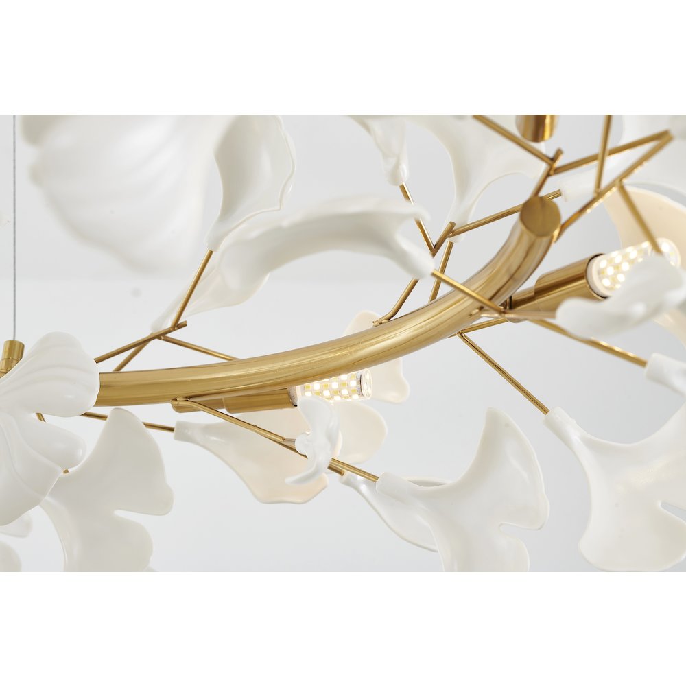 8-Light Brass Chandelier With Matte White Plastic Leaf Petals In A Round Shape. Picture 5