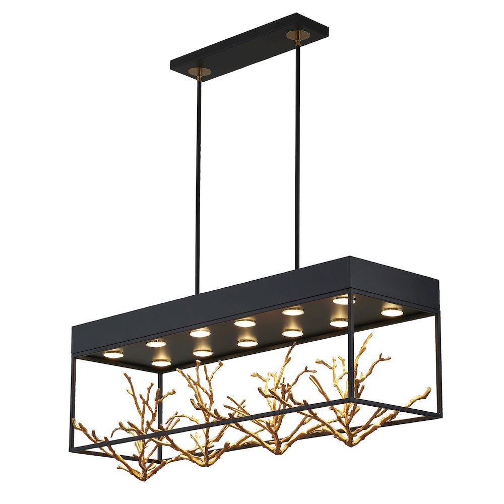 12-Light Matte Black Pendant With Gold Branch Accents. Picture 1