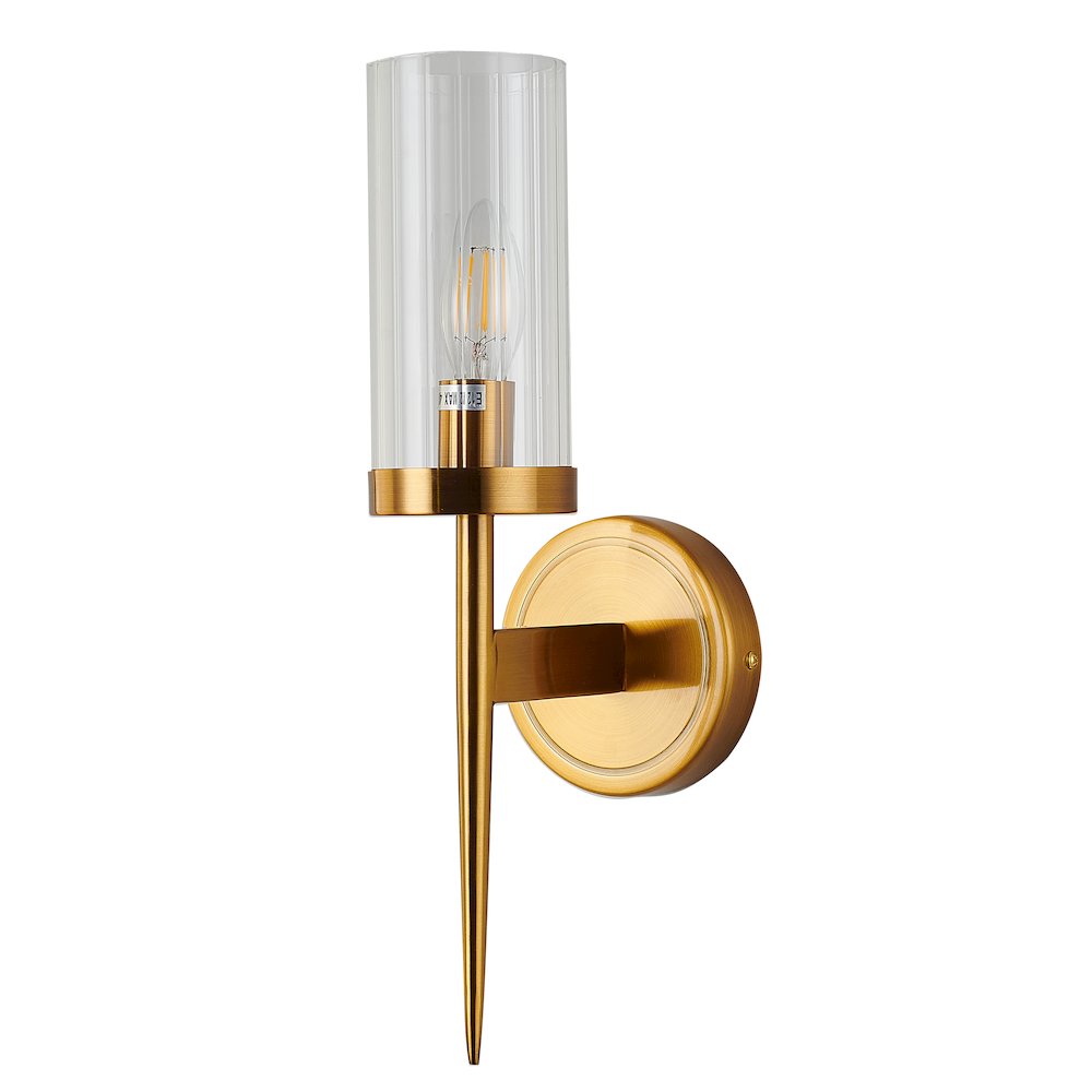 1-Light Antique Brass Metal Wall Sconce With A Clear Glass Shade. Picture 2