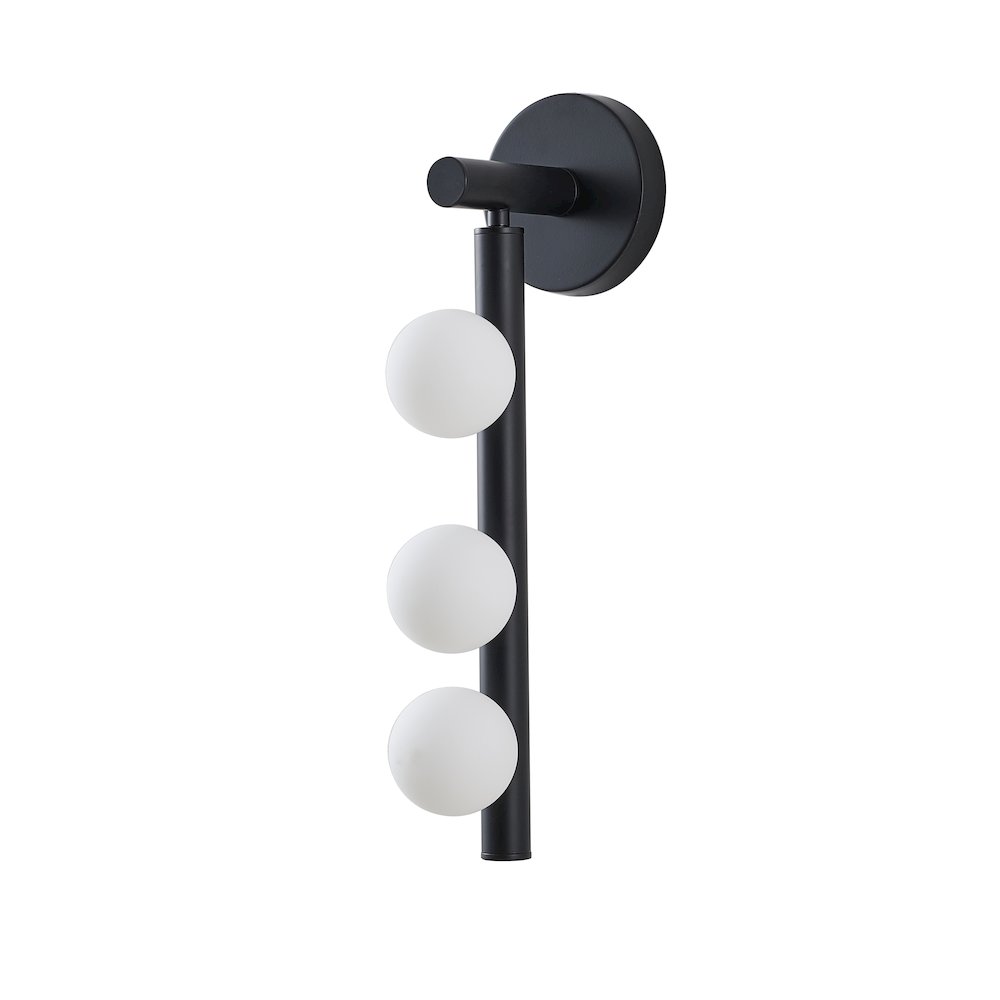 3-Light Matte Black Metal Wall Sconce With Whtie Glass Shades. Picture 2