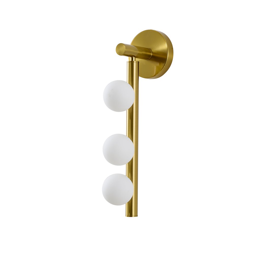 3-Light Satin Brass Metal Wall Sconce With Whtie Glass Shades. Picture 2