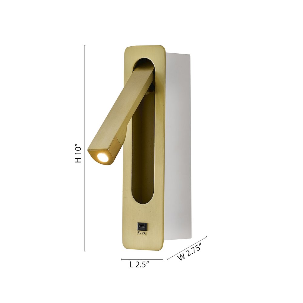 1-Light Satin Brass Metal LED Wall Sconce, One USB Port And A Clear Frosted Len. Picture 6