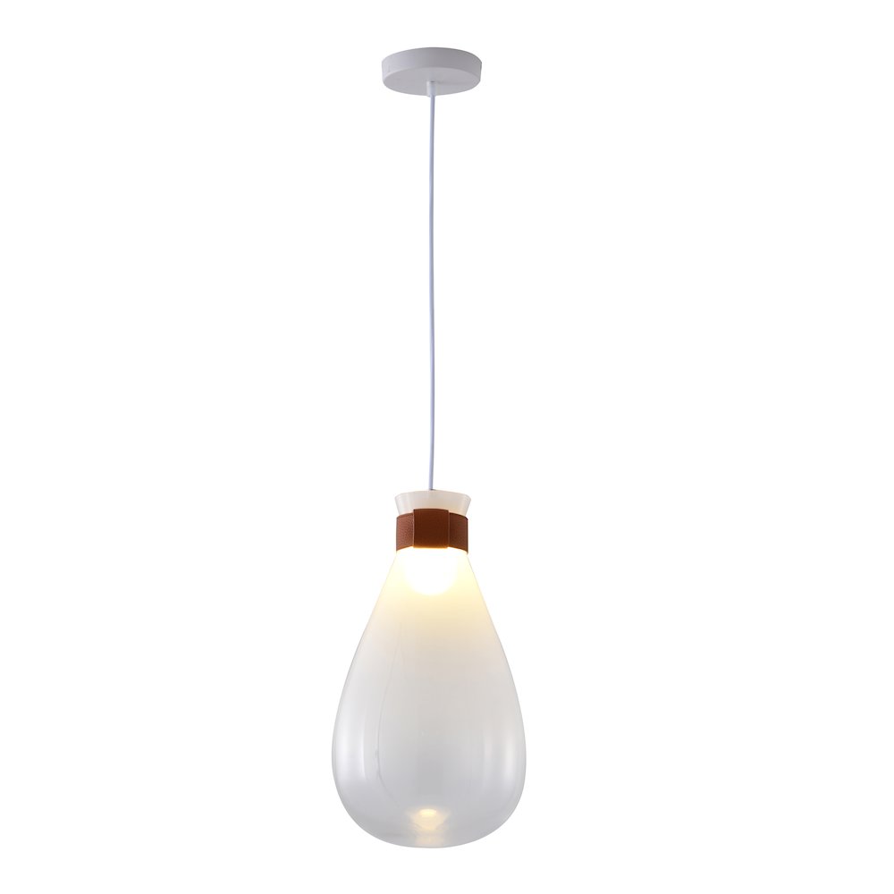 1-Light White Frosted Glass Pendant With A Leather Band. Picture 1