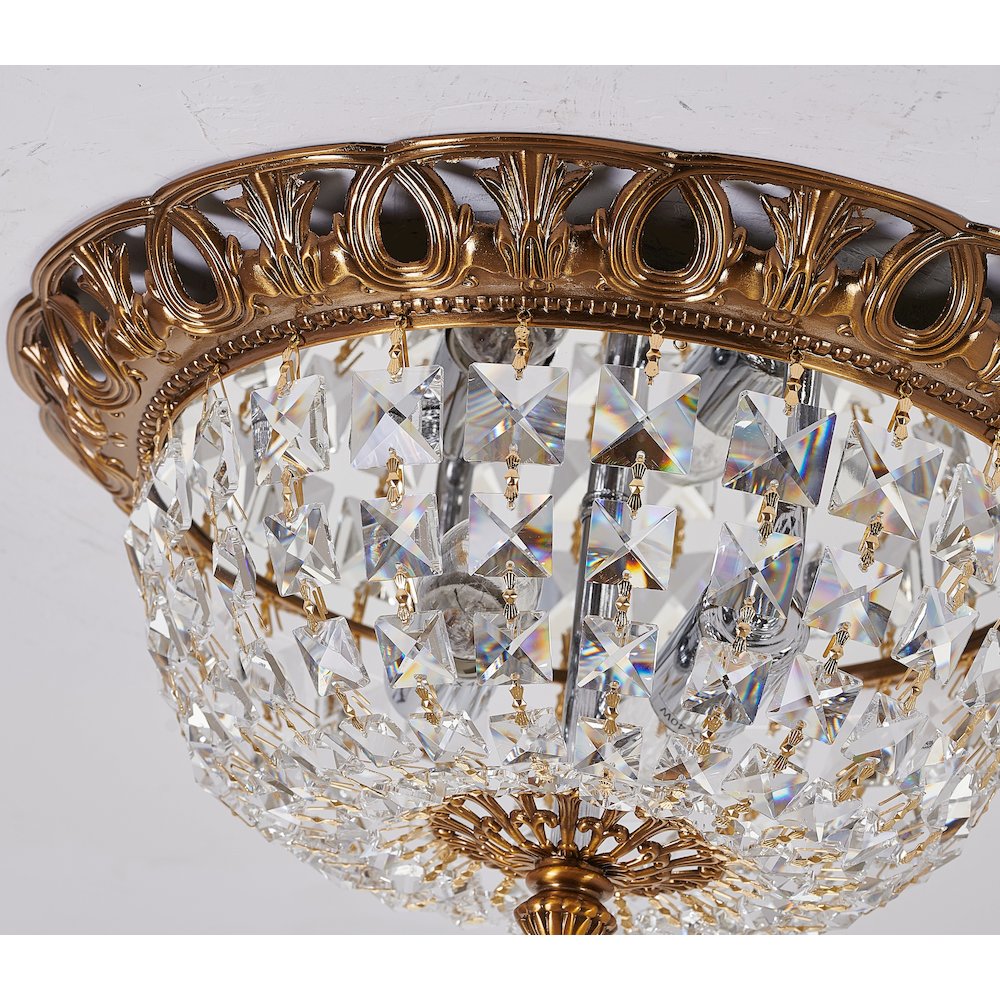 2-Light Antique Gold Flush Mount With Clear Hanging Crystals. Picture 5