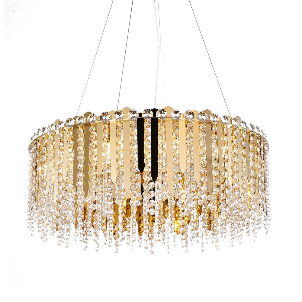 12-Light Gold Stainless Steel Chandelier With Clear Crystal Accents. Picture 1
