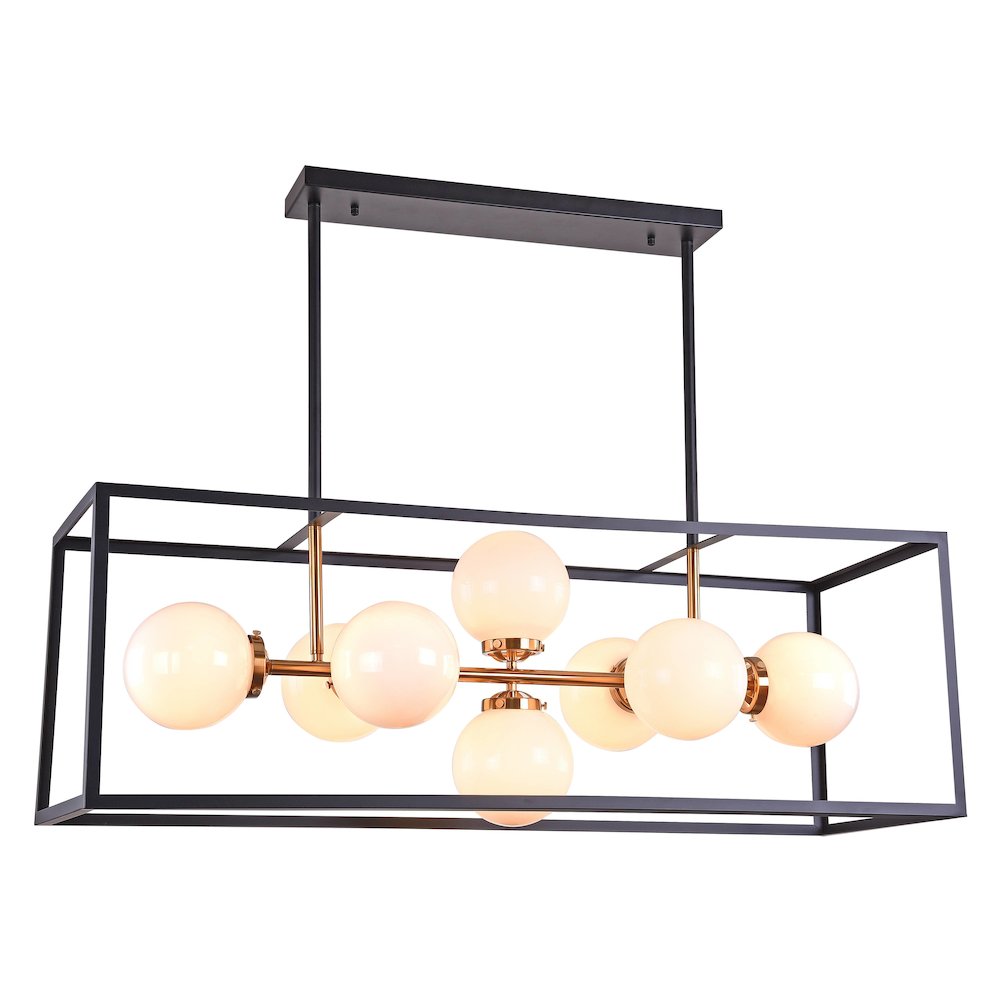 8-Light Black And Gold Iron Chandelier With Milk White Glass Shades. Picture 1