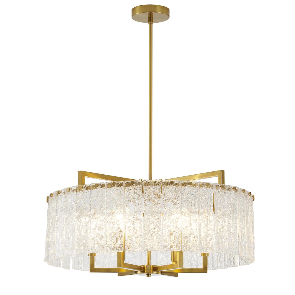 6-Light Brass Chandelier With Hanging Clear Rippled Glass. Picture 1
