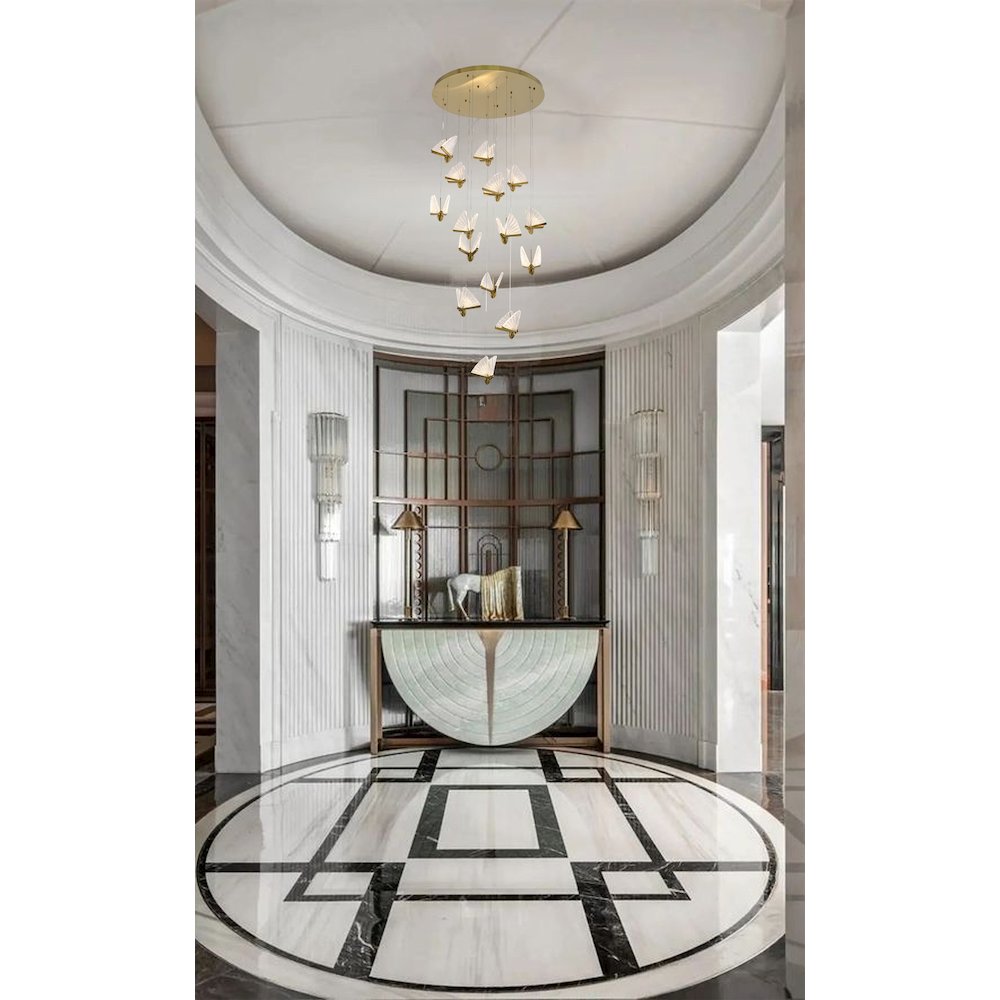 15-Light Stain Brass LED Chandelier With Butterfly Pendants. Picture 5