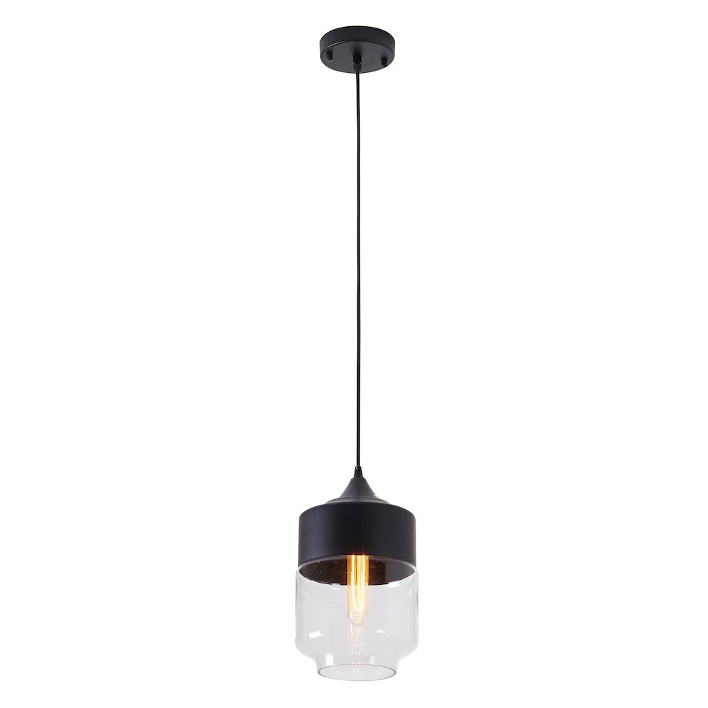 1-Light Matte Black Single Pendant With A Clear Glass Shade. Picture 1