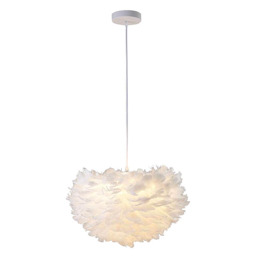 1-Light Light White Goose Fether Chandelier With A White Iron Frame. Picture 1