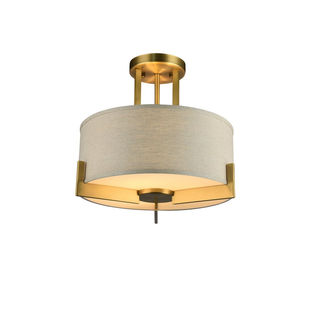 3-Light Antique Brass Semi Flush Mount With A linen Drum Shade. Picture 1