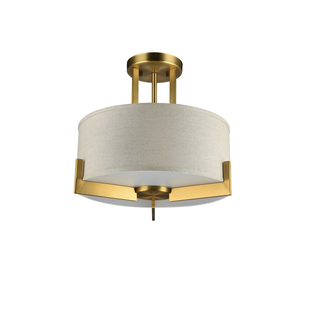 3-Light Antique Brass Semi Flush Mount With A linen Drum Shade. Picture 2