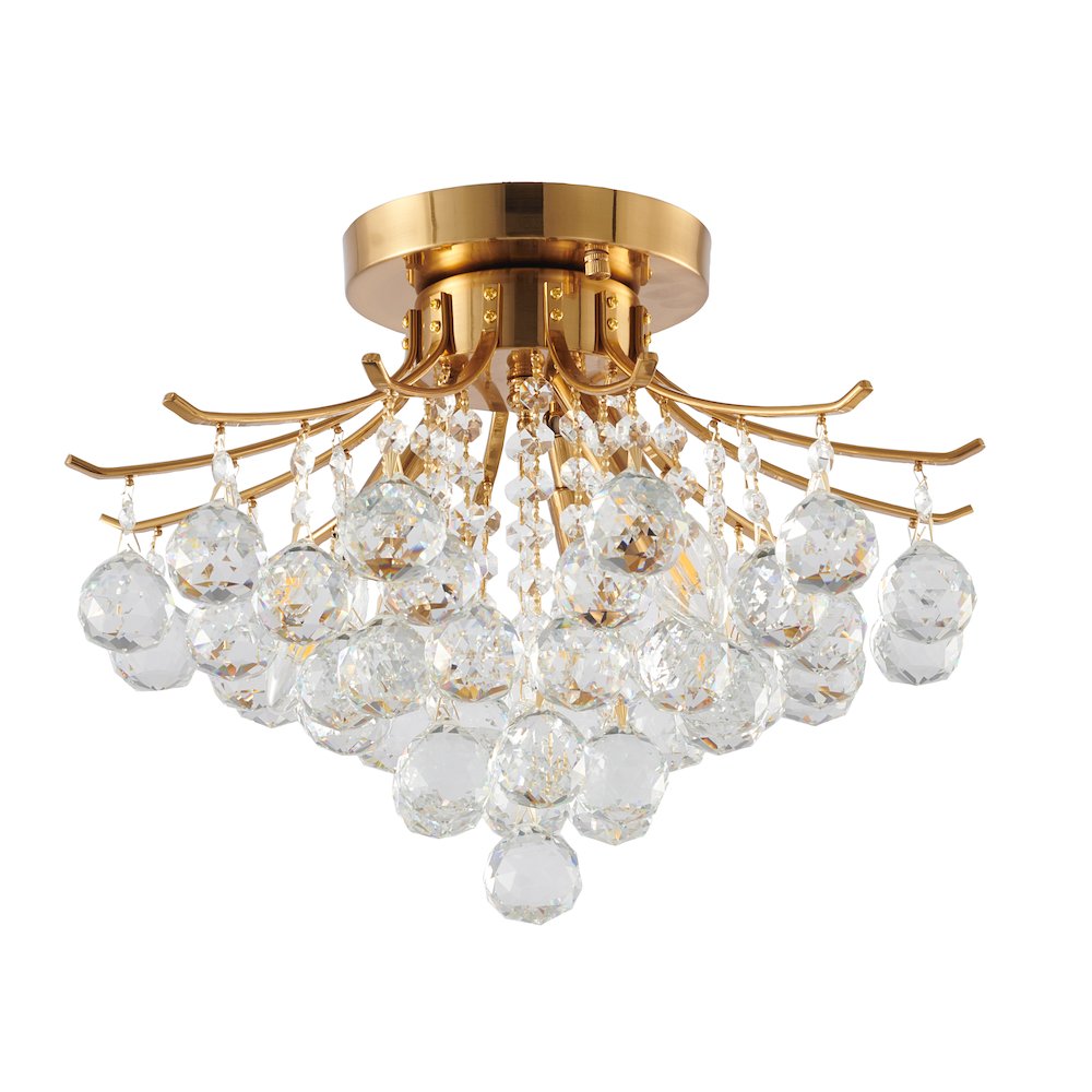 3-Light Satin Brass Metal Flush Mount With Clear Crystals. Picture 2
