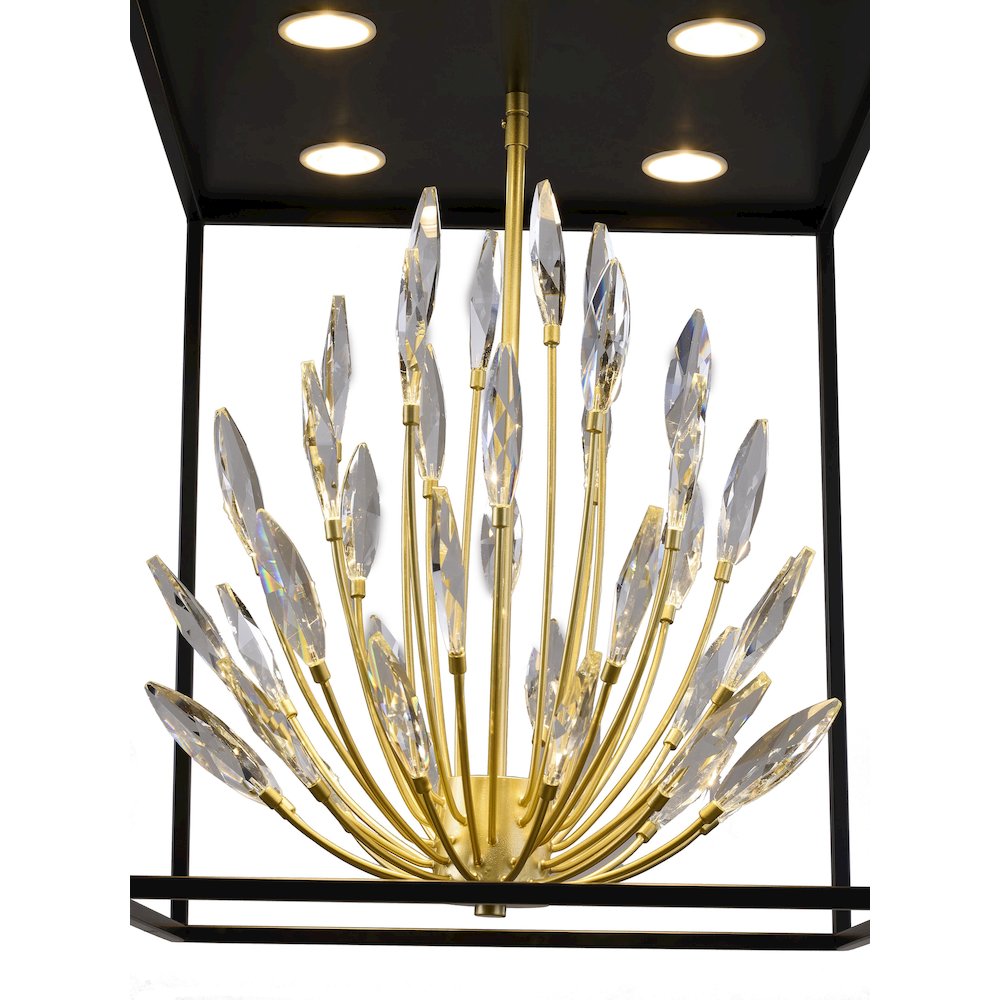 4-Light Matte Black Pendant With Gold Branches And Clear Crystals. Picture 3