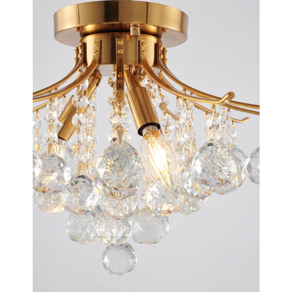 3-Light Satin Brass Metal Flush Mount With Clear Crystals. Picture 4