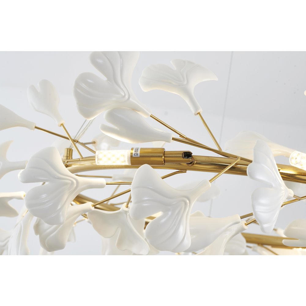 8-Light Brass Chandelier With Matte White Plastic Leaf Petals In A Round Shape. Picture 4