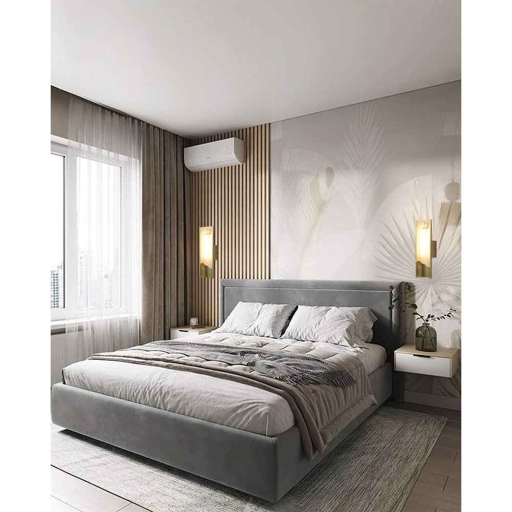 1-Light Stain Brass Aluminum LED Wall Sconce With White Alabaster Accents. Picture 6