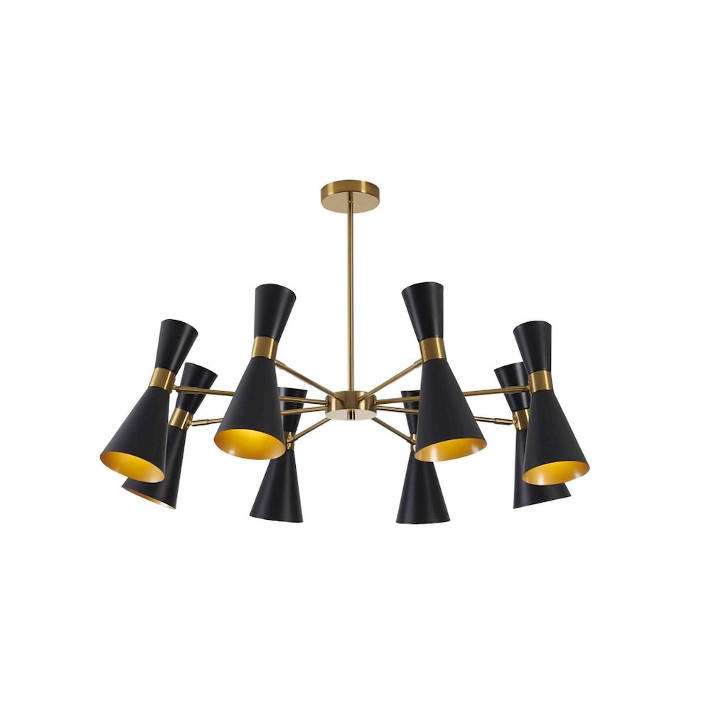 8-Light Gold Chandelier With Sand Black Cone Shades. Picture 1