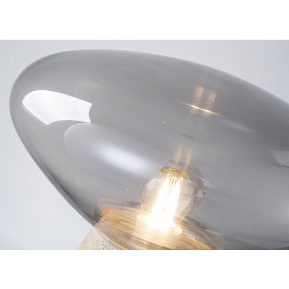 1-Light Mushroom-Style Table Lamp With A Travertine Base and A Smoke Glass Shade. Picture 4